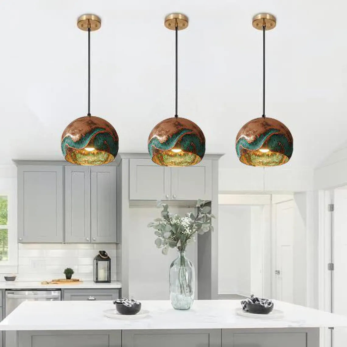 Handmade Oxidized Copper Pendant Light, Green Patina Copper Dome Pendant Light, Farmhouse Kitchen Ceiling Lamp Fixture,copper pendant light