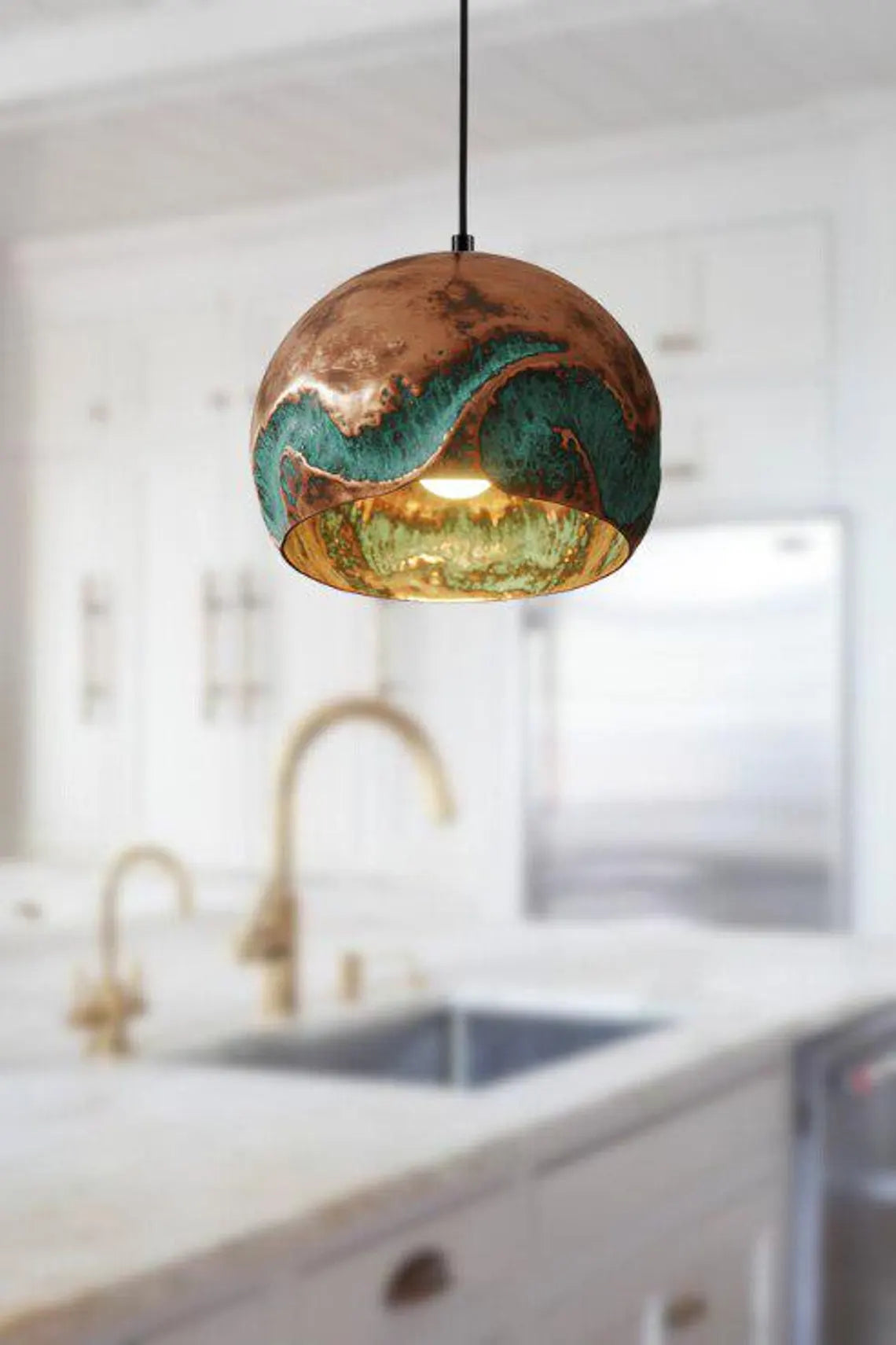 Handmade Oxidized Copper Pendant Light, Green Patina Copper Dome Pendant Light, Farmhouse Kitchen Ceiling Lamp Fixture,copper pendant light