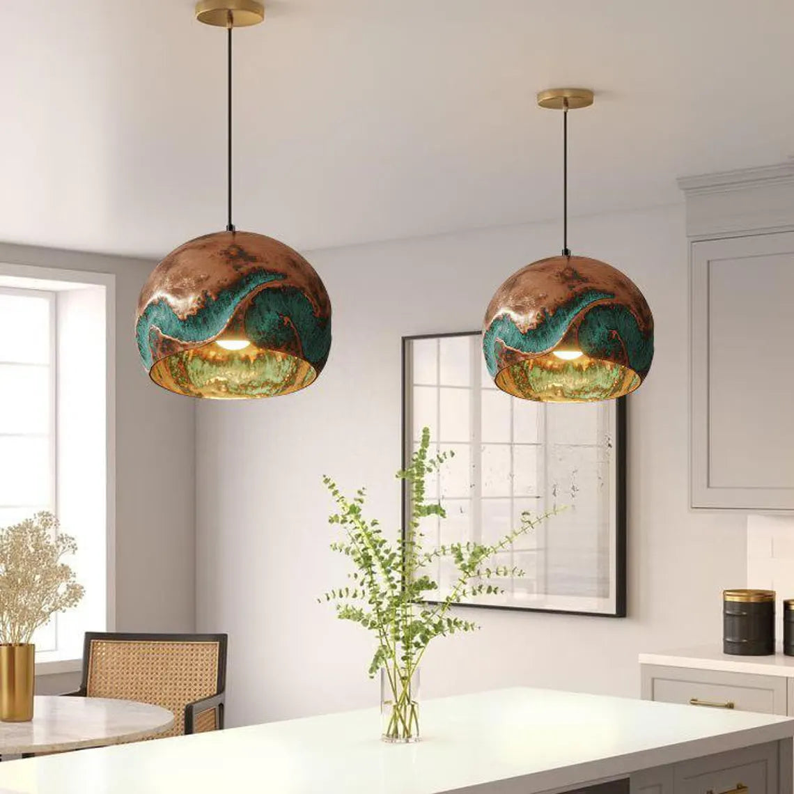 Handmade Oxidized Copper Pendant Light, Green Patina Copper Dome Pendant Light, Farmhouse Kitchen Ceiling Lamp Fixture,copper pendant light