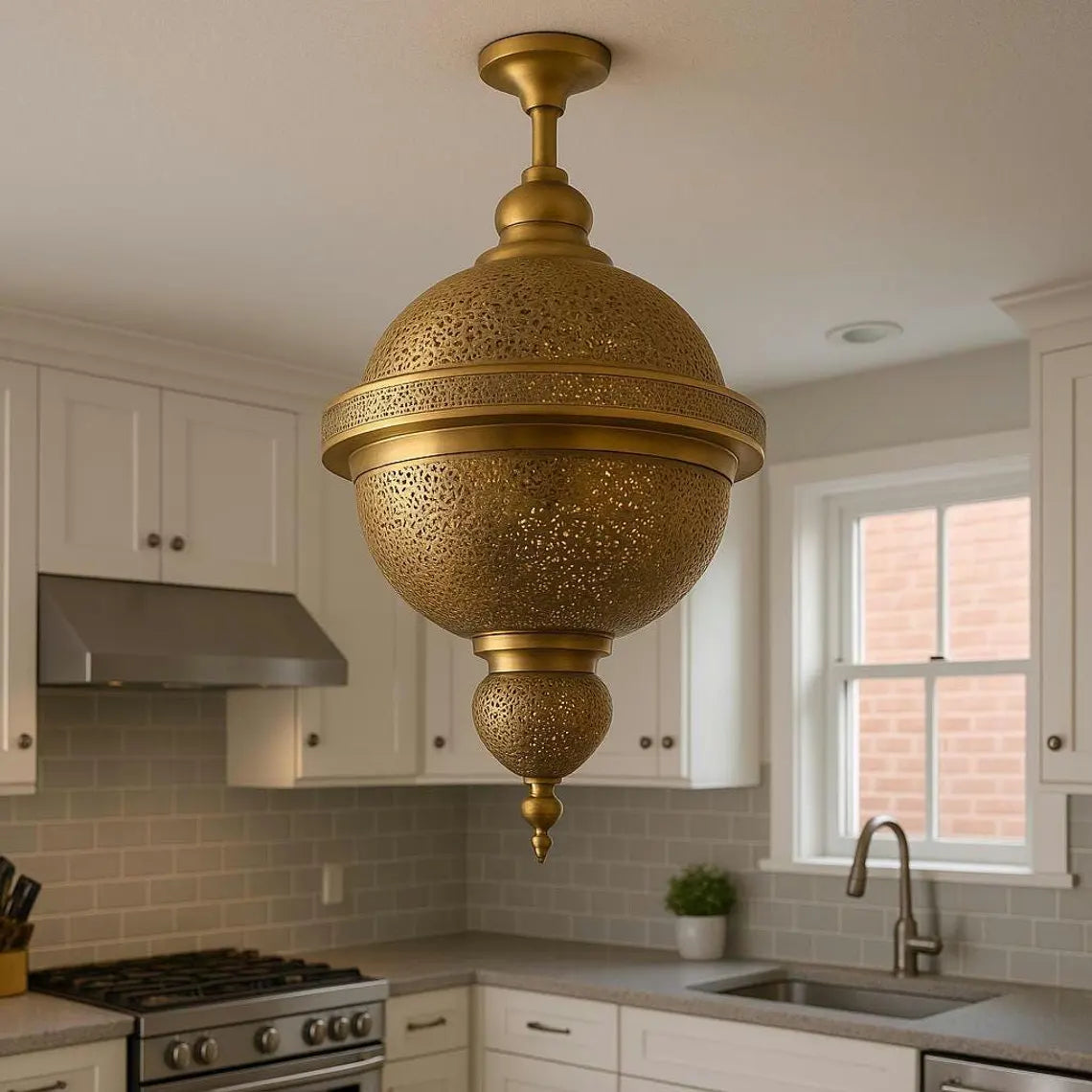 Moroccan Brass Ceiling Light – Handcrafted Gold Pendant Lamp for Kitchen or Living Room