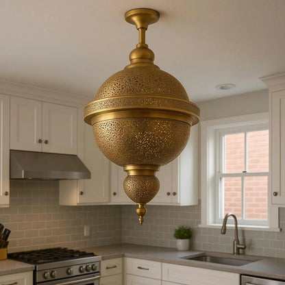 Moroccan Brass Ceiling Light – Handcrafted Gold Pendant Lamp for Kitchen or Living Room