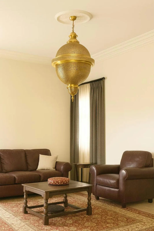 Moroccan Brass Ceiling Light – Handcrafted Gold Pendant Lamp for Kitchen or Living Room